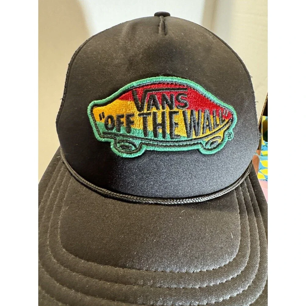 Vtg Vans Off The Wall Black Trucker Hat Rasta Logo Patch Mesh Back Adjustable